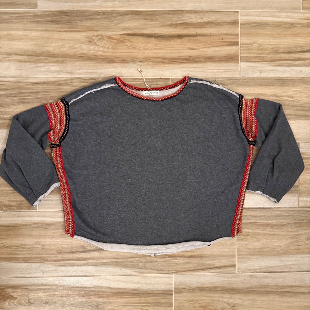 Natural Life Boho Sweatshirt Gray L/XL Embroidered Trim French Terry Pullover